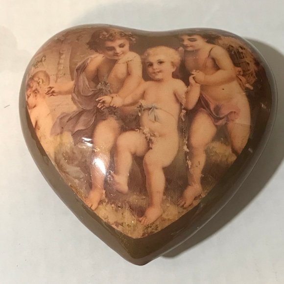 Vintage Ceramic Heart Trinket Box Jewelry Victorian Cherub Children Roses Padded - Picture 7 of 12